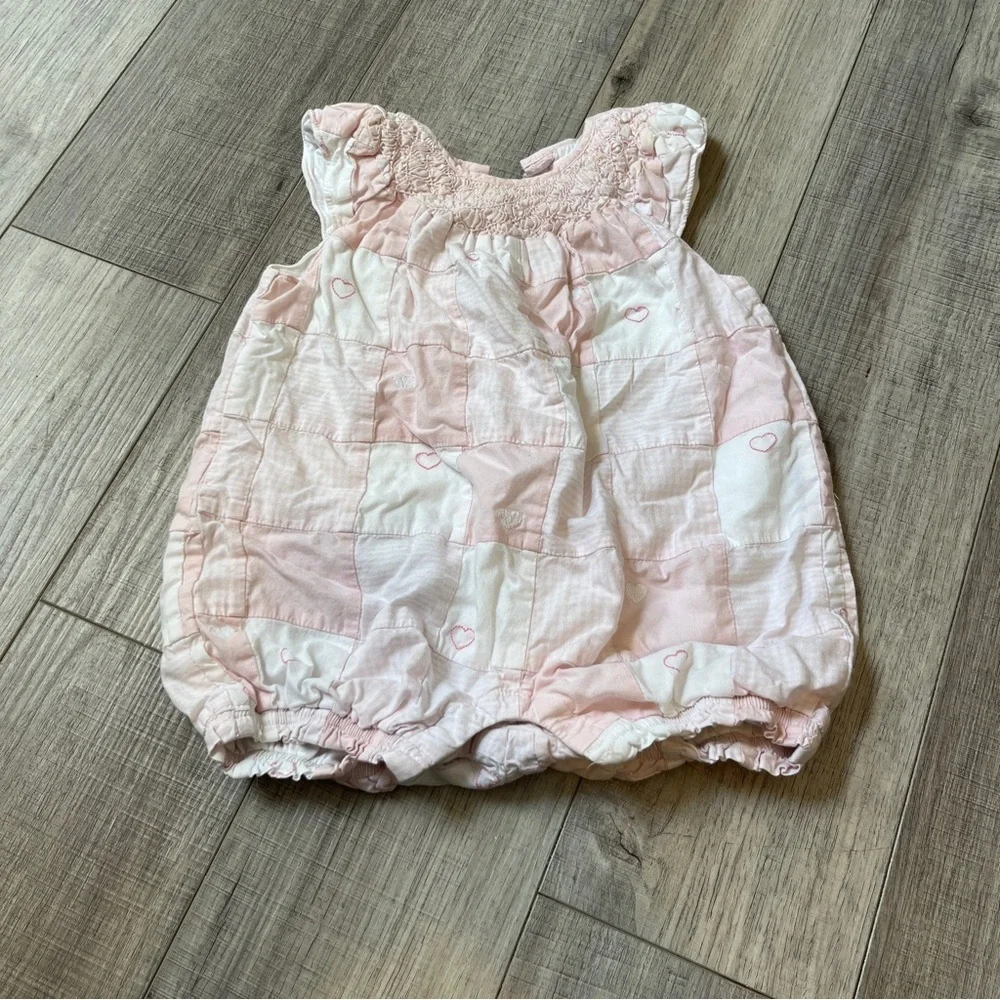 Janie and Jack Pink Patchwork Heart Romper - Fully Lined 6-12M Summer Outfit